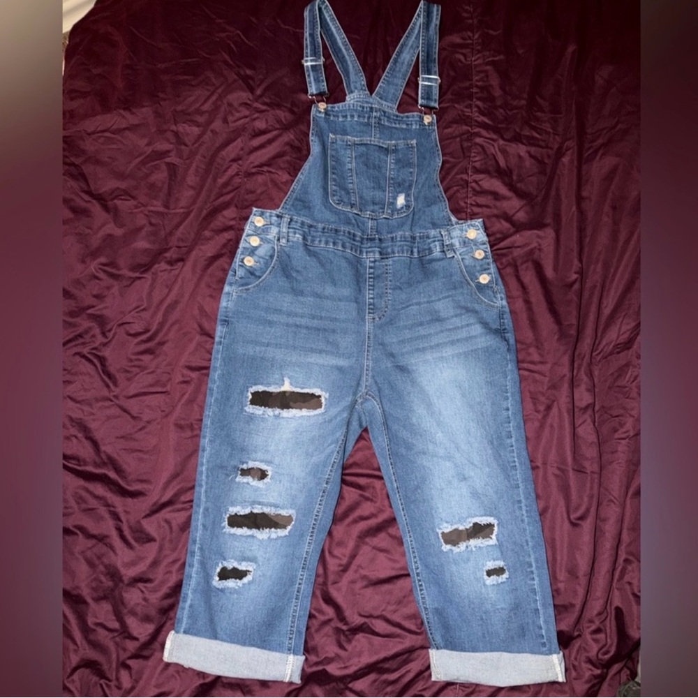Women’s Blue Denim Overalls with Altered Camouflage Patches (Large)